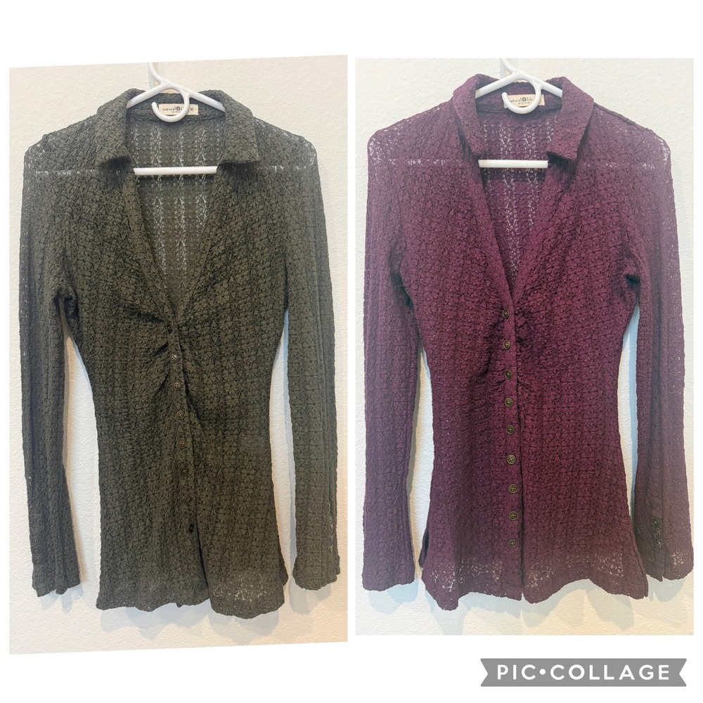 Natural Life Lace Button Down Top Lot of 2 Green Plum Medium Whimsgoth